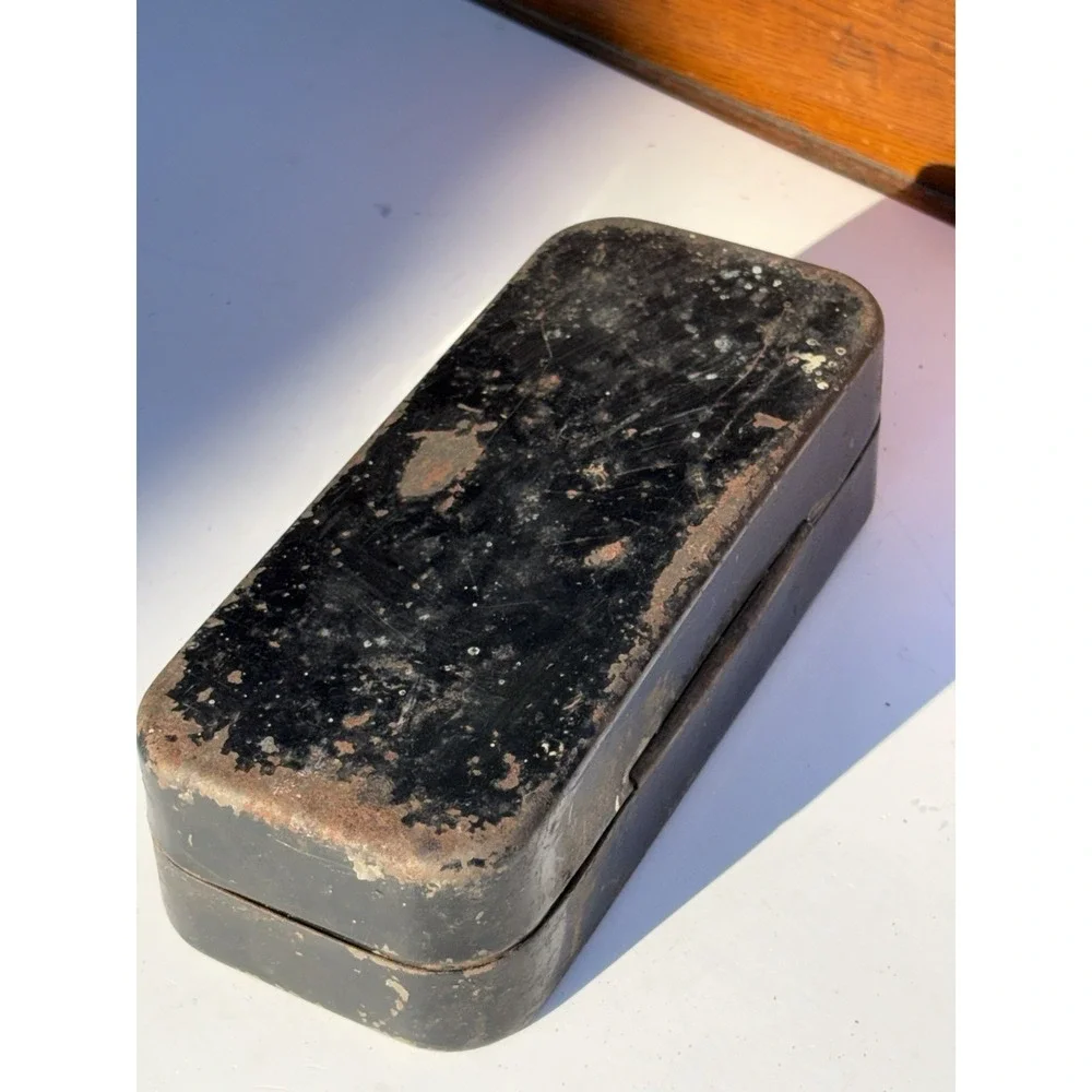 Vintage Black Metal Sewing Machine Accessories Box Purple Velvet Interior Rustic
